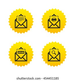 Mail envelope icons. Print message document symbol. Post office letter signs. Spam mails and search message icons. Yellow stars labels with flat icons. Vector
