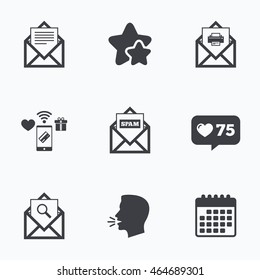Mail envelope icons. Print message document symbol. Post office letter signs. Spam mails and search message icons. Flat talking head, calendar icons. Stars, like counter icons. Vector