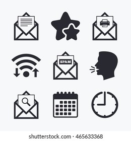 Mail envelope icons. Print message document symbol. Post office letter signs. Spam mails and search message icons. Wifi internet, favorite stars, calendar and clock. Talking head. Vector