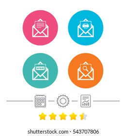 Mail envelope icons. Print message document symbol. Post office letter signs. Spam mails and search message icons. Calendar, cogwheel and report linear icons. Star vote ranking. Vector