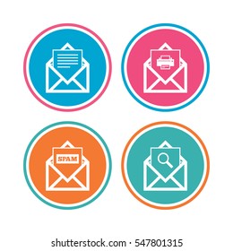 Mail envelope icons. Print message document symbol. Post office letter signs. Spam mails and search message icons. Colored circle buttons. Vector