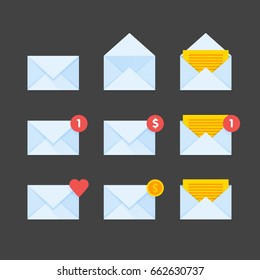 Mail envelope icons set. Email send message concept vector illustration