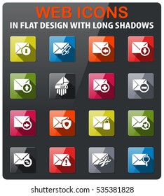 Mail and envelope icons set in flat design with long shadow