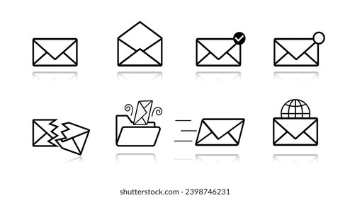 Mail envelope icons. Stylish set of emails in various situations: open, torn, fast etc. Vector illustration.