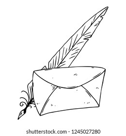 Mail envelope with ink pen hand drawn. Vector illustration ink pen and envelope. Feather pen with envelope mail.