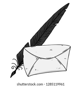 Mail envelope with ink pen hand drawn. Vector illustration ink pen and envelope. Feather pen with envelope mail.