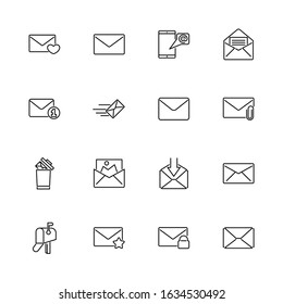 Mail, Envelope, Letter outline icons set - Black symbol on white background. 