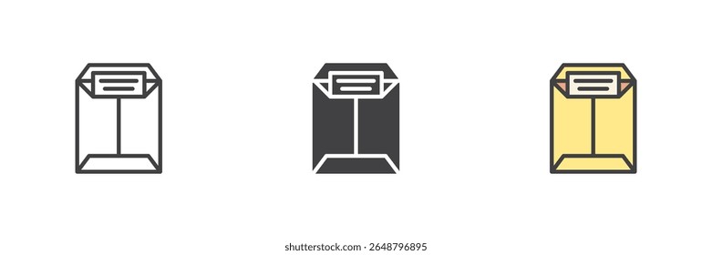 Mail envelope line icon, solid and filled outline colorful icon set featuring envelope outline, solid mail icon and filled outline mail icon as color vector sign symbol.