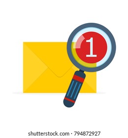 Mail envelope with magnifying glass in flat design. Vector illustration. Mail checking concept.