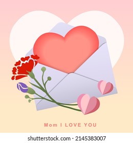 Mail envelope with message space of heart shape. Carntionan and paper heart element.