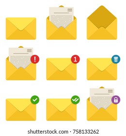 Mail envelope notifications icons set. Concept of incoming email messages, communication, mail delivery service for social network, web or mobile app. Vector illustration