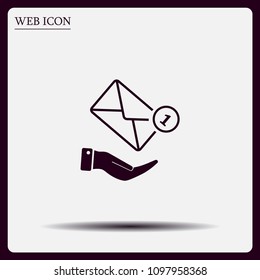 Mail envelope on the hand, mail. A letter on the palm of your hand. Vector icon.