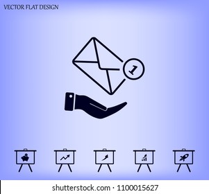 Mail envelope on the hand, mail. A letter on the palm of your hand. Vector icon.