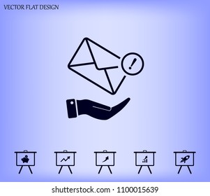 Mail envelope on the hand, mail. A letter on the palm of your hand. Vector icon.