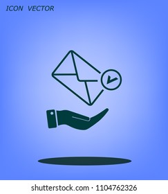 Mail envelope on the hand, mail. A letter on the palm of your hand. Vector icon.