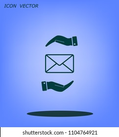 Mail envelope on the hand, mail. A letter on the palm of your hand. Vector icon.