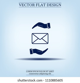 Mail envelope on the hand, mail. A letter on the palm of your hand. Vector icon.