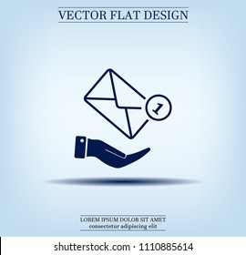 Mail envelope on the hand, mail. A letter on the palm of your hand. Vector icon.