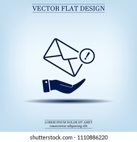 Mail envelope on the hand, mail. A letter on the palm of your hand. Vector icon.