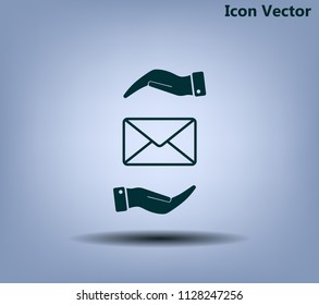Mail envelope on the hand, mail. A letter on the palm of your hand. Vector icon.