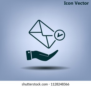 Mail envelope on the hand, mail. A letter on the palm of your hand. Vector icon.