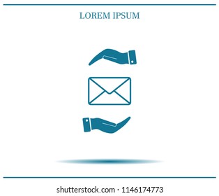 Mail envelope on the hand, mail. A letter on the palm of your hand. Vector icon.
