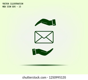 Mail envelope on the hand, mail. A letter on the palm of your hand. Vector icon.