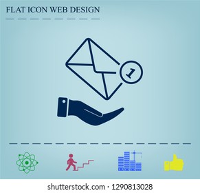 Mail envelope on the hand, mail. A letter on the palm of your hand. Vector icon.