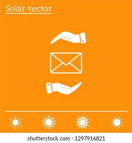 Mail envelope on the hand, mail. A letter on the palm of your hand. Vector icon.