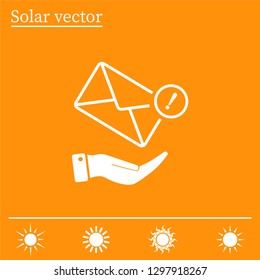 Mail envelope on the hand, mail. A letter on the palm of your hand. Vector icon.