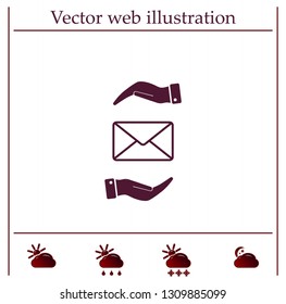 Mail envelope on the hand, mail. A letter on the palm of your hand. Vector icon.