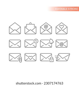 Mail, envelope open and closed line vector icon set. Letter with at, notification and love letters outline icons.