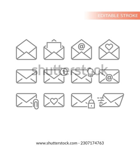 Mail, envelope open and closed line vector icon set. Letter with at, notification and love letters outline icons.