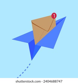 Mail envelope in paper plane origami flying and notification message.
