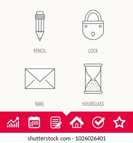 Mail envelope, pencil and lock icons. Hourglass linear sign. Edit document, Calendar and Graph chart signs. Star, Check and House web icons. Vector