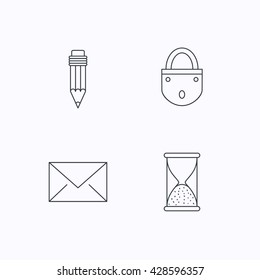 Mail envelope, pencil and lock icons. Hourglass linear sign. Flat linear icons on white background. Vector