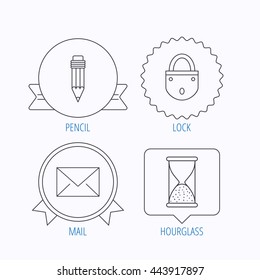 Mail envelope, pencil and lock icons. Hourglass linear sign. Award medal, star label and speech bubble designs. Vector
