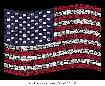 Mail envelope pictograms are arranged into waving United States flag abstraction on a dark background. Vector composition of USA state flag is formed with mail envelope elements.