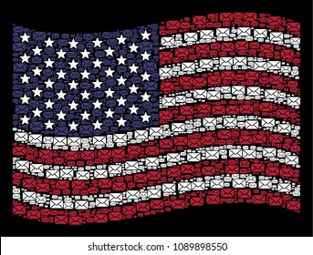 Mail envelope pictograms are arranged into waving USA flag mosaic on a dark background. Vector collage of America state flag is designed with mail envelope items.