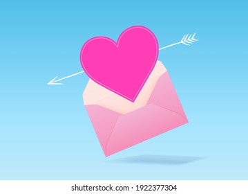 Sobre de correo con corazón rosado y flecha como símbolo de amor. Afiche de vector de publicidad para la tienda. Concepto de correspondencia de amor. Feliz Día de San Valentín 2021. 