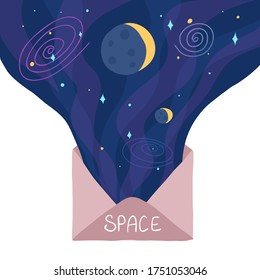 Mail envelope with planets on the night sky with stars and galaxies. Envelope with space. Sign of mail envelope explosive graphic element. For print, web, postcard. Vector Illustration.