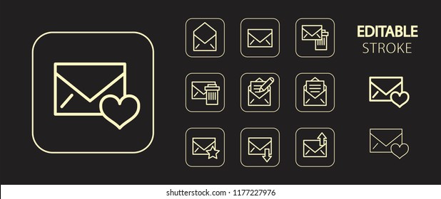 Mail, Envelope, Post Letter, Message, Email. Golden Icon Set. Simple Outline Web Application Icons. Editable Stroke. Vector Illustration. 