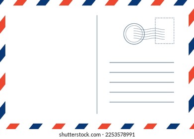 Sobre de correo con sello postal, tarjeta postal. Plantilla postal vacía. Diseño de la tarjeta postal en blanco