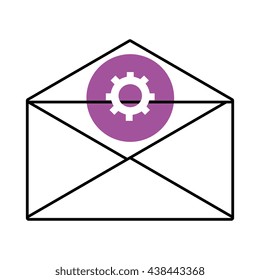mail envelope with purple circle above and white settings icon over isolated background, vector illustration