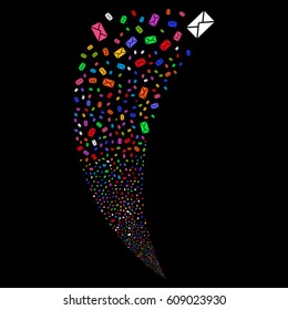Mail Envelope random fireworks stream. Vector illustration style is flat bright multicolored iconic symbols on a black background. Object fountain combined from scattered symbols.