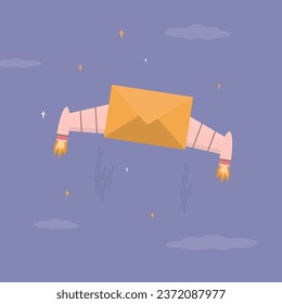 Mail envelope with rocket boosters and wings flying high up in sky. Boost promotion campaign, marketing. Notification message. Advertising mailings, correspondence, communication, email. flat vector