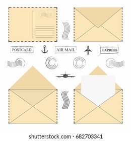 Mail envelope set. Vintage mail envelopes with postal stamps, frames and blank letter. Vector