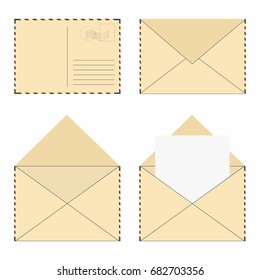 Mail envelope set. Vintage mail envelopes with stamps and blank letter. Vector