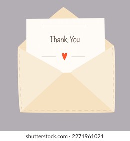 Mail envelope with a sheet of paper with the inscription Thank you and a heart. Vector illustration