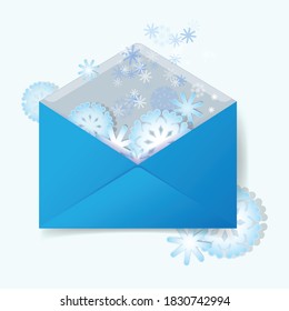 Sobre de correo con copos de nieve. Tarjeta de Año Nuevo, elemento de banner festivo. Ilustración vectorial.